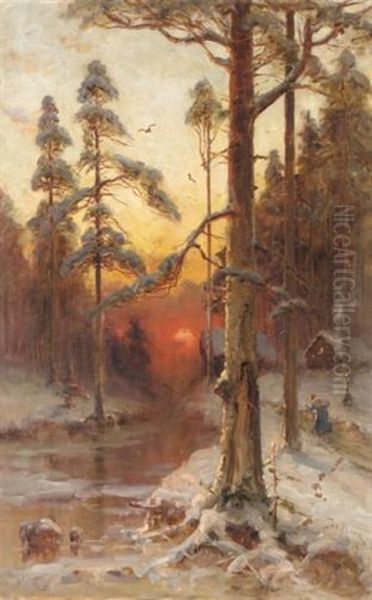 Sunset In The Winter Forest Oil Painting by Yuliy Yulevich (Julius) Klever