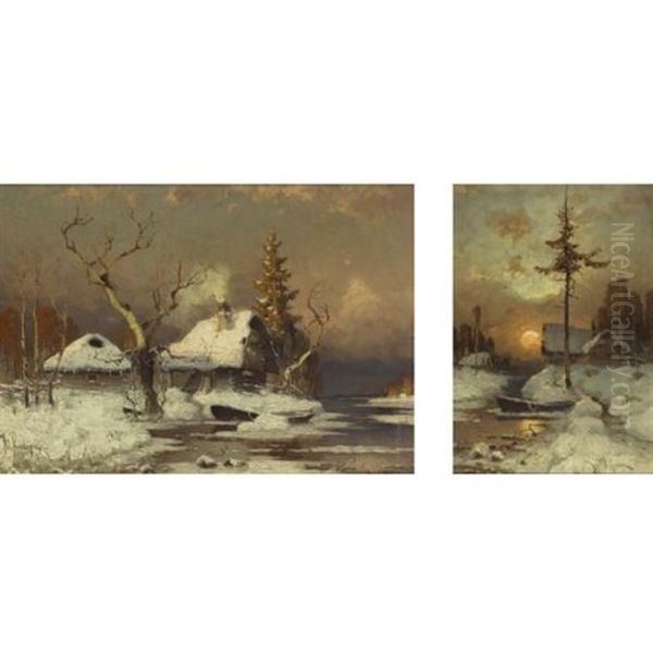 Winter Scenes (pair) Oil Painting by Yuliy Yulevich (Julius) Klever