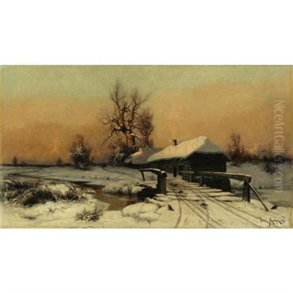 House In Winter Oil Painting by Yuliy Yulevich (Julius) Klever