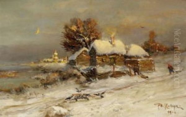 Russisches Dorf In Winterlandschaft Oil Painting by Yuliy Yulevich (Julius) Klever