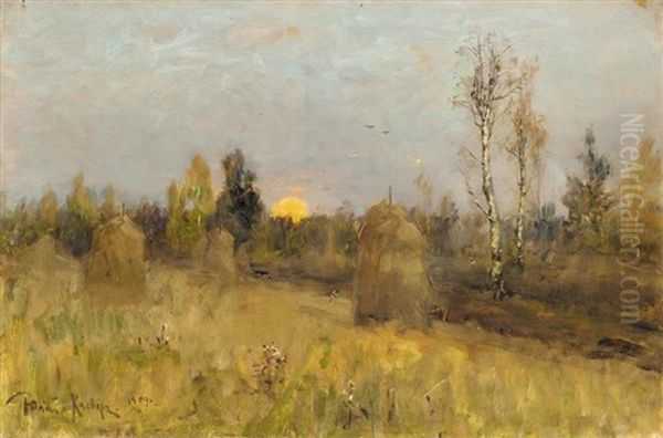 Twilight Over The Haystacks (collab. W/studio) Oil Painting by Yuliy Yulevich (Julius) Klever