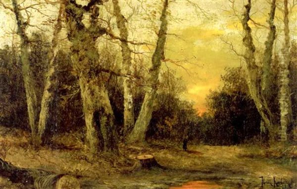 Sunset Over A Wooded Landscape With A Figure On A Path Oil Painting by Yuliy Yulevich (Julius) Klever