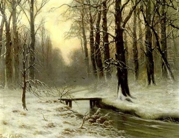 A Wooded Winter Landscape With A Bridge Oil Painting by Yuliy Yulevich (Julius) Klever