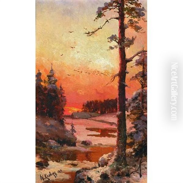 A Wooded Landscape At Sunset Oil Painting by Yuliy Yulevich (Julius) Klever