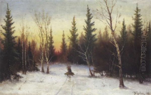 Winterliche Waldlandschaft Mit Schlitten Oil Painting by Yuliy Yulevich (Julius) Klever