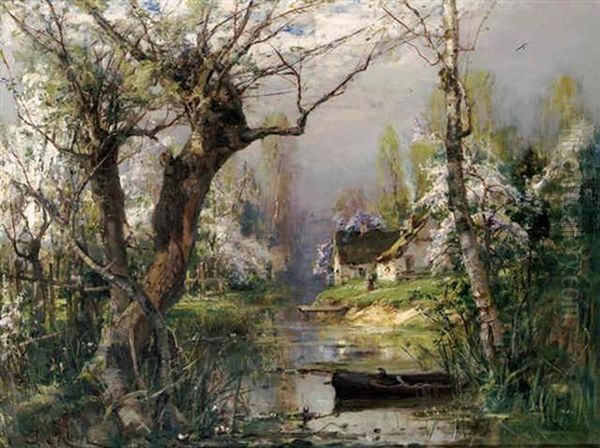 Cottage By A Stream Oil Painting by Yuliy Yulevich (Julius) Klever