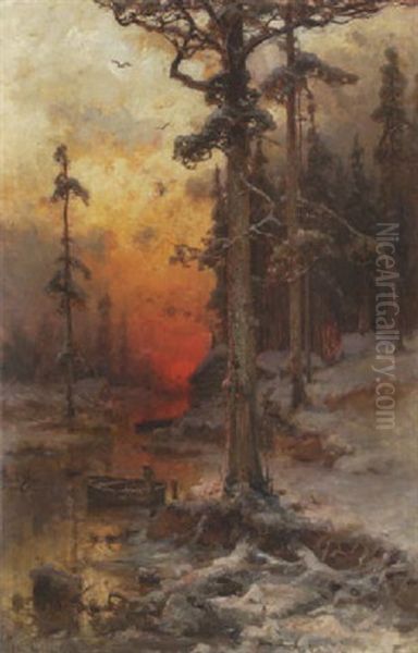 Sonnenuntergangsstimmung Im Winterwald Oil Painting by Yuliy Yulevich (Julius) Klever