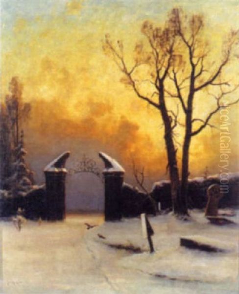 Sunset Over A Cemetery Oil Painting by Yuliy Yulevich (Julius) Klever