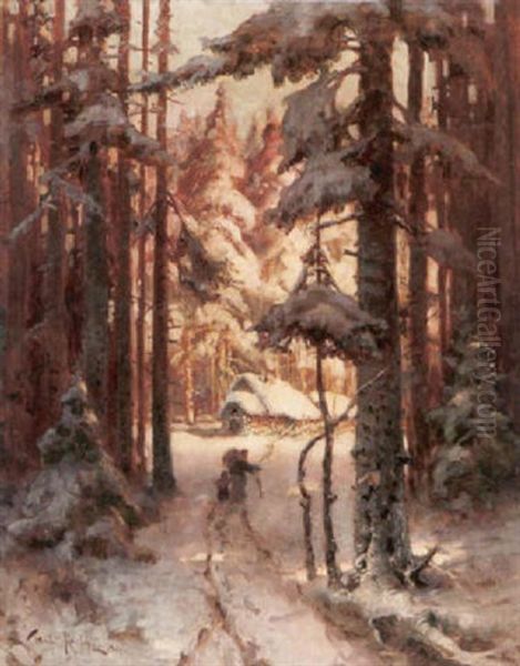 Hutte Im Winterwald Oil Painting by Yuliy Yulevich (Julius) Klever