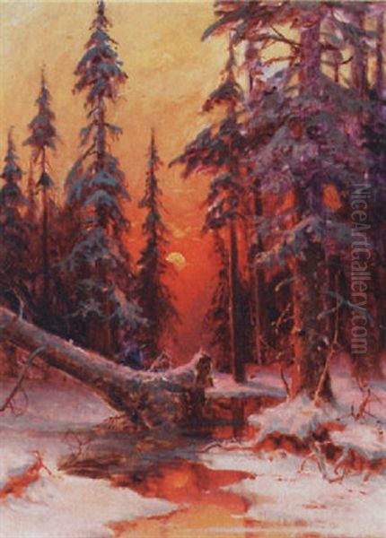 A Magical Winter Evening Oil Painting by Yuliy Yulevich (Julius) Klever