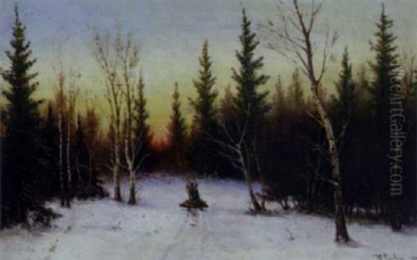 Winterliche Waldlandschaft Mit Schlitten Oil Painting by Yuliy Yulevich (Julius) Klever