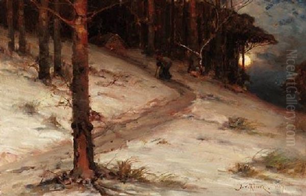 Winterliche Mondnacht Im Wald Oil Painting by Yuliy Yulevich (Julius) Klever