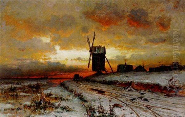 Landliche Szene Mit Windmuhle Und Kate Im Winter Oil Painting by Yuliy Yulevich (Julius) Klever