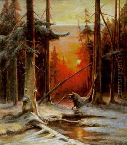 Solnedgang I Skogen Oil Painting by Yuliy Yulevich (Julius) Klever