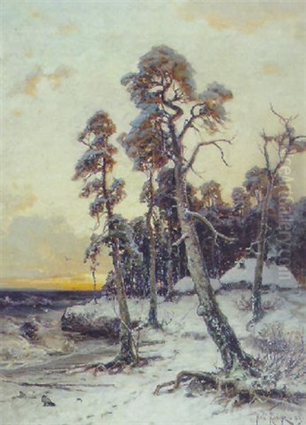 Vinterlandskab Med Traeer Ved Kysten. Skumring Oil Painting by Yuliy Yulevich (Julius) Klever