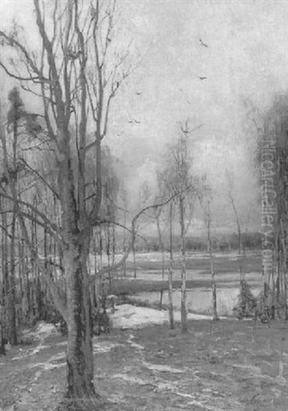 Junger Birkenwald Bei Schneeschmelze Oil Painting by Yuliy Yulevich (Julius) Klever