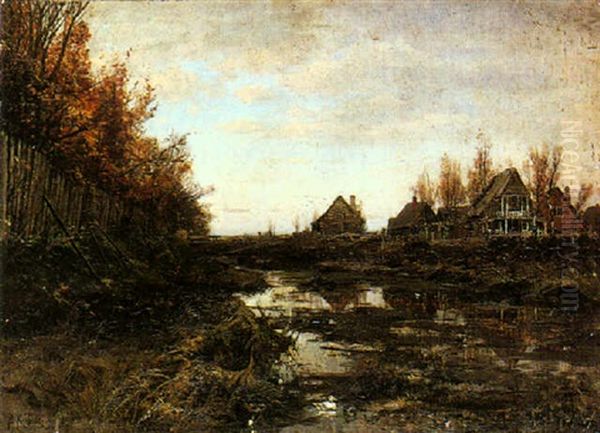 Village By The River In Autumn Oil Painting by Yuliy Yulevich (Julius) Klever