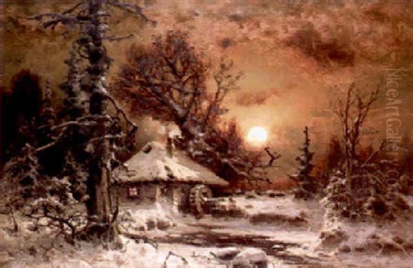 Cottage In A Winter Landscape At Sunset Oil Painting by Yuliy Yulevich (Julius) Klever