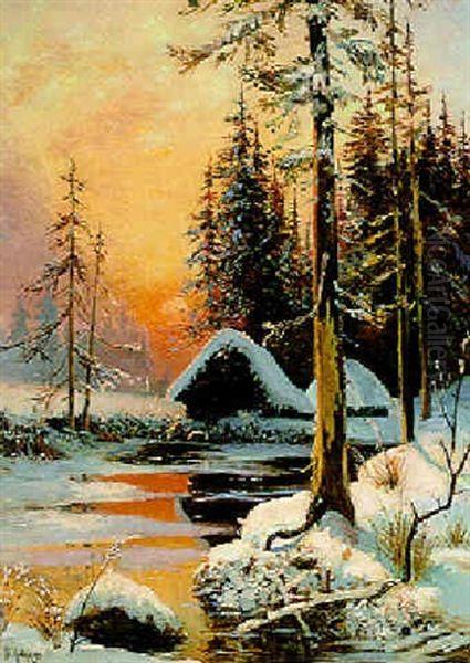 Sonnenuntergang Uber Einer Winterlichen Landschaft Oil Painting by Yuliy Yulevich (Julius) Klever