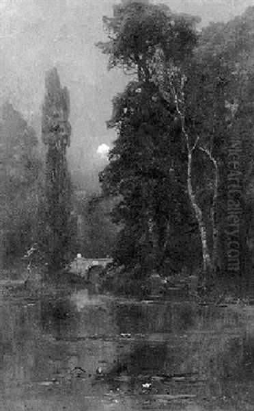 A Moonlit Pond Oil Painting by Yuliy Yulevich (Julius) Klever