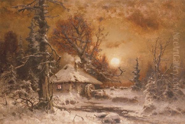 Cottage In A Winter Landscape At Sunset by Yuliy Yulevich (Julius) Klever