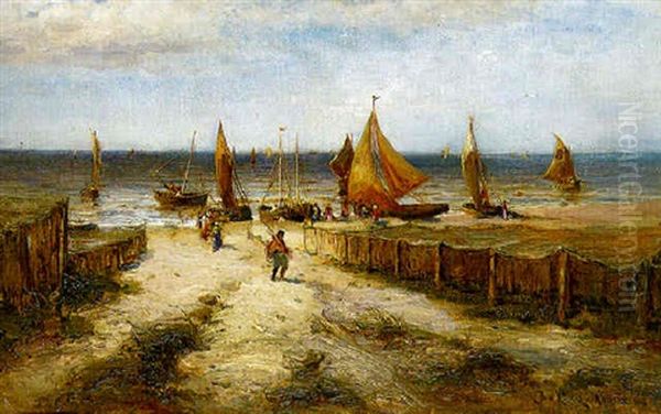 Fisherfolk With Their Boats On A Beach Oil Painting by Yuliy Yulevich (Julius) Klever