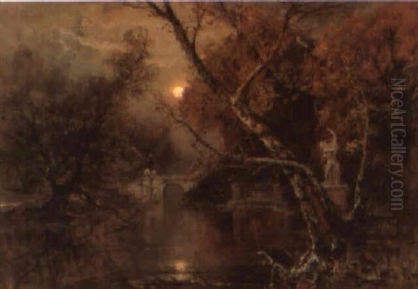 A Moonlit River Landscape Oil Painting by Yuliy Yulevich (Julius) Klever