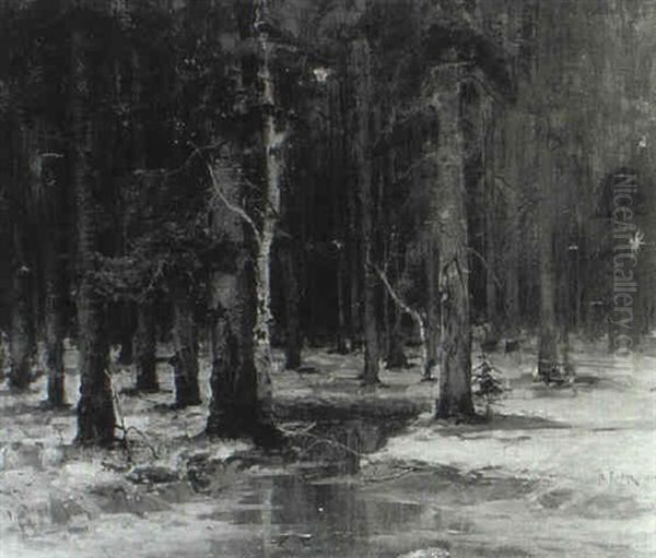 Stream Through A Forest In Winter Oil Painting by Yuliy Yulevich (Julius) Klever