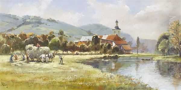 Heuernte Am Flussufer Oil Painting by Laurens Lodewijk Kleyn