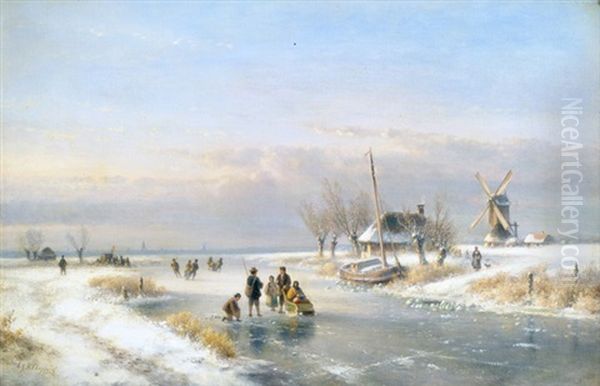 Weite Winterlandschaft Mit Regem Treiben Auf Einem Zugefrorenen Kanal Oil Painting by Lodewijk Johannes Kleyn