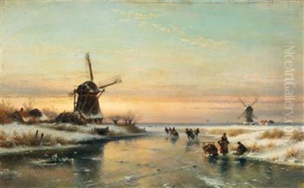 Dutch Canal Landscape Im Winter Oil Painting by Lodewijk Johannes Kleyn