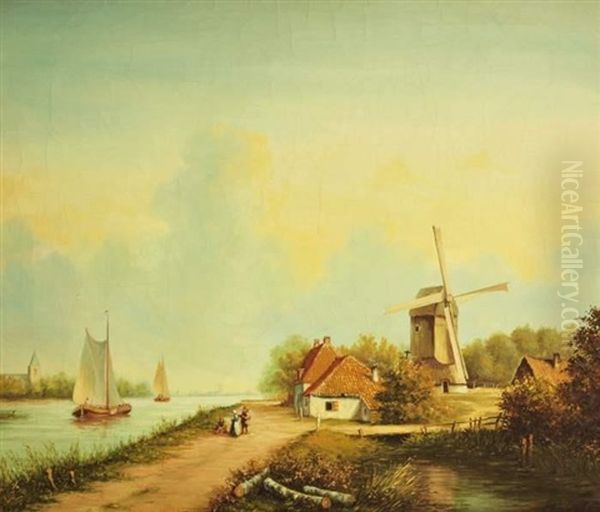 Hollandische Landschaft Mit Kanal Und Figurenstaffage Oil Painting by Lodewijk Johannes Kleyn