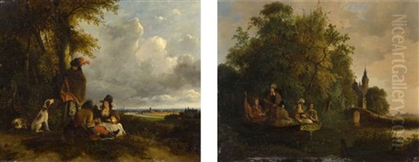 Gegenstucke: Rastende In Einer Landschaft / Ruderpartie Oil Painting by Lodewijk Johannes Kleyn