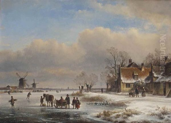 Figures And A Sleigh On The Ice Oil Painting by Lodewijk Johannes Kleyn