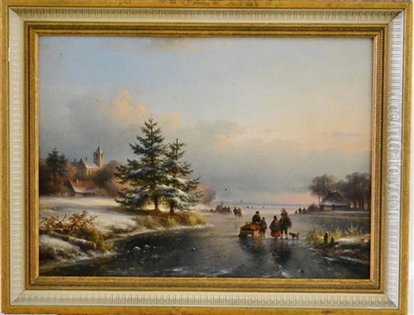 Frozen River Scene With Figures And Buildings Oil Painting by Lodewijk Johannes Kleyn