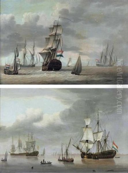 A Dutch Frigate, A Small Tjalk, A Single Master Ship To The Left In A Breeze (+ A Two Decked Man Of War And Small Trading Ships In A Calm, A Coast Beyond; Pair) Oil Painting by David Kleyne