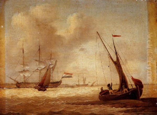 An Estuary With Fishermen Aboard A Dutch Pink On A Beach With A Man O'war And Other Vessels In Choppy Waters Off A Coast Beyond Oil Painting by David Kleyne