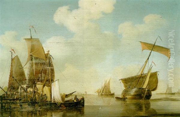 A River Scene With Figures Rigging Fishing Boats In The Foreground And Other Vessels Beyond Oil Painting by David Kleyne