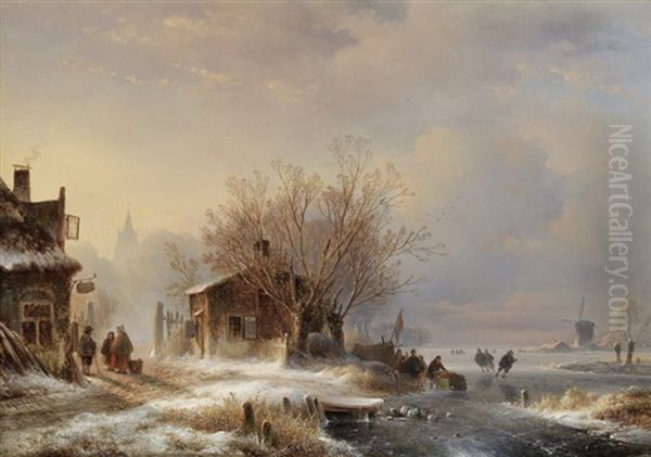 Dorflandschaft Im Winter Mit Eislaufern Oil Painting by Hendrik Klijn