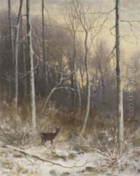 A Deer In A Winter Landscape Oil Painting by Hendrik Klijn