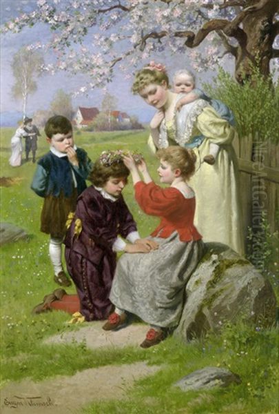 Jugendalter - Die Kleine Maiprinzessin Setzt Ihrem Jungen Ritter Einen Blumenkranz Aufs Haar Oil Painting by Eugen Johann Georg Klimsch