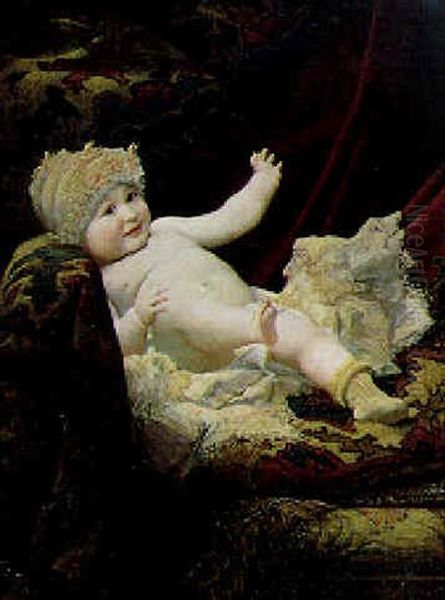 Bildnis Eines Auf Ein Sofa Gebettetes Baby Mit Spitzenhaube Oil Painting by Ernst Klimt