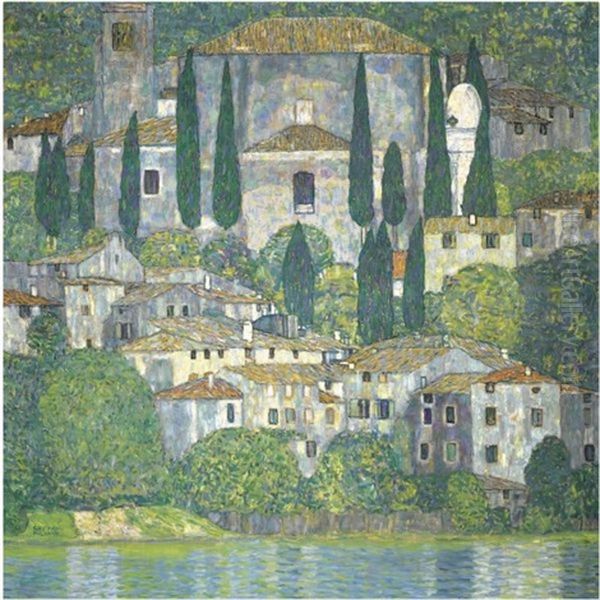 Kirche In Cassone - Landschaft Mit Zypressen (church In Cassone - Landscape With Cypresses) Oil Painting by Gustav Klimt