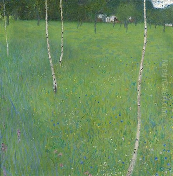 Bauernhaus Mit Birken - Junge Birken (farmhouse With Birch Trees - Young Birch Trees) Oil Painting by Gustav Klimt