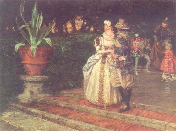 An Elegant Family And A Jester In A Park Oil Painting by Eugene Klinckenberg