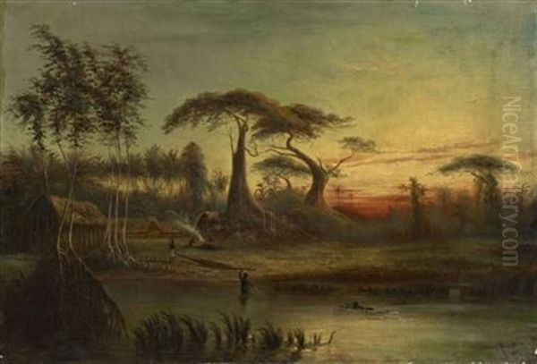 Figures In A Riverside Encampment Oil Painting by Fritz Klingelhoefer