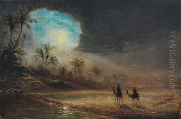 Afrikanische Fluslandschaft Mit Kamelreitern Im Mondschein Oil Painting by Fritz Klingelhoefer