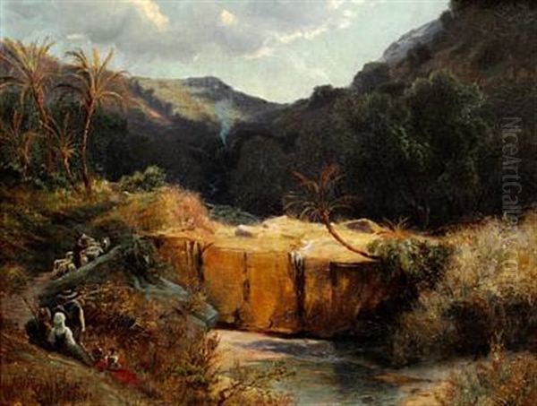 Landscape With Palm Trees And Men Resting Oil Painting by Fritz Klingelhoefer