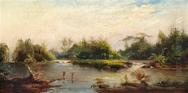 African Landscape With Two Men Crossing A River Oil Painting by Fritz Klingelhoefer