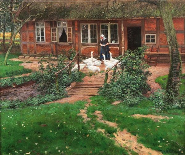 Farmyard With Geese Oil Painting by Richard Klingen